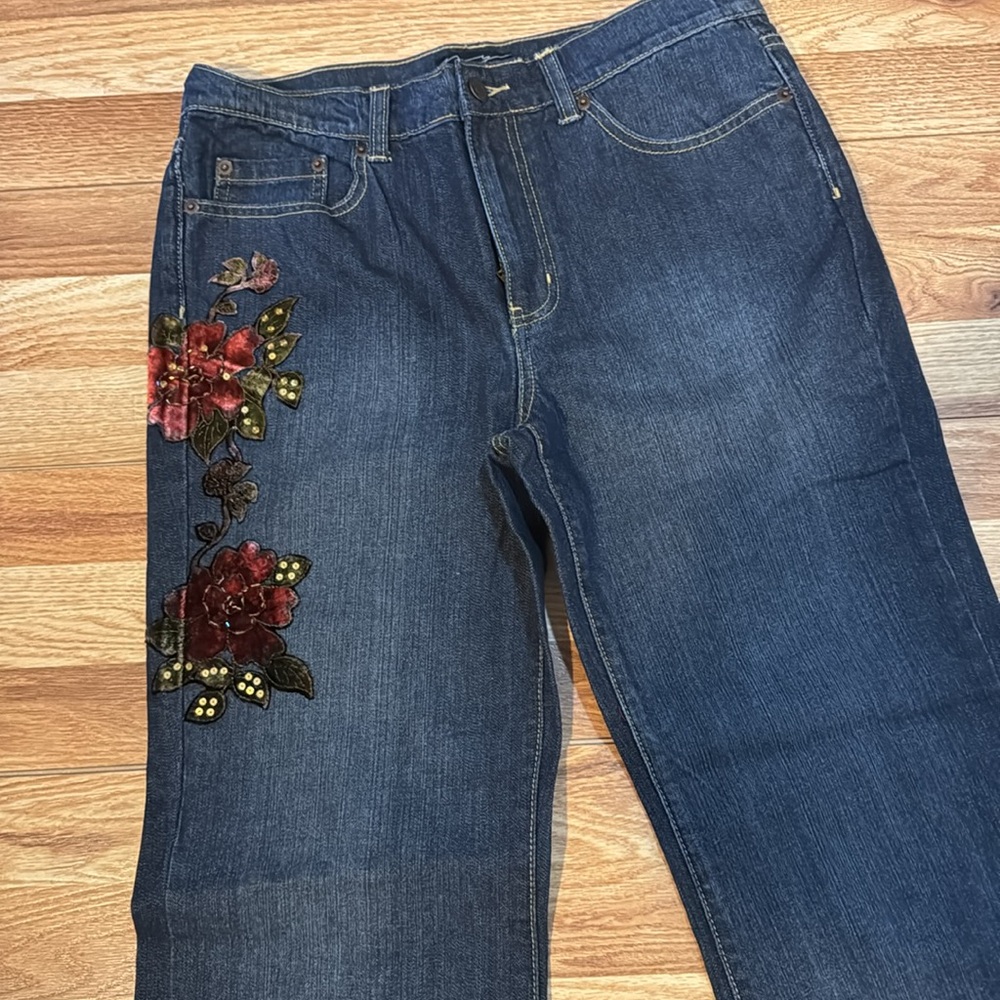 New York & Company Dark Blue Boot Cut Jeans with Red Floral Embroidery - Picture 8 of 10